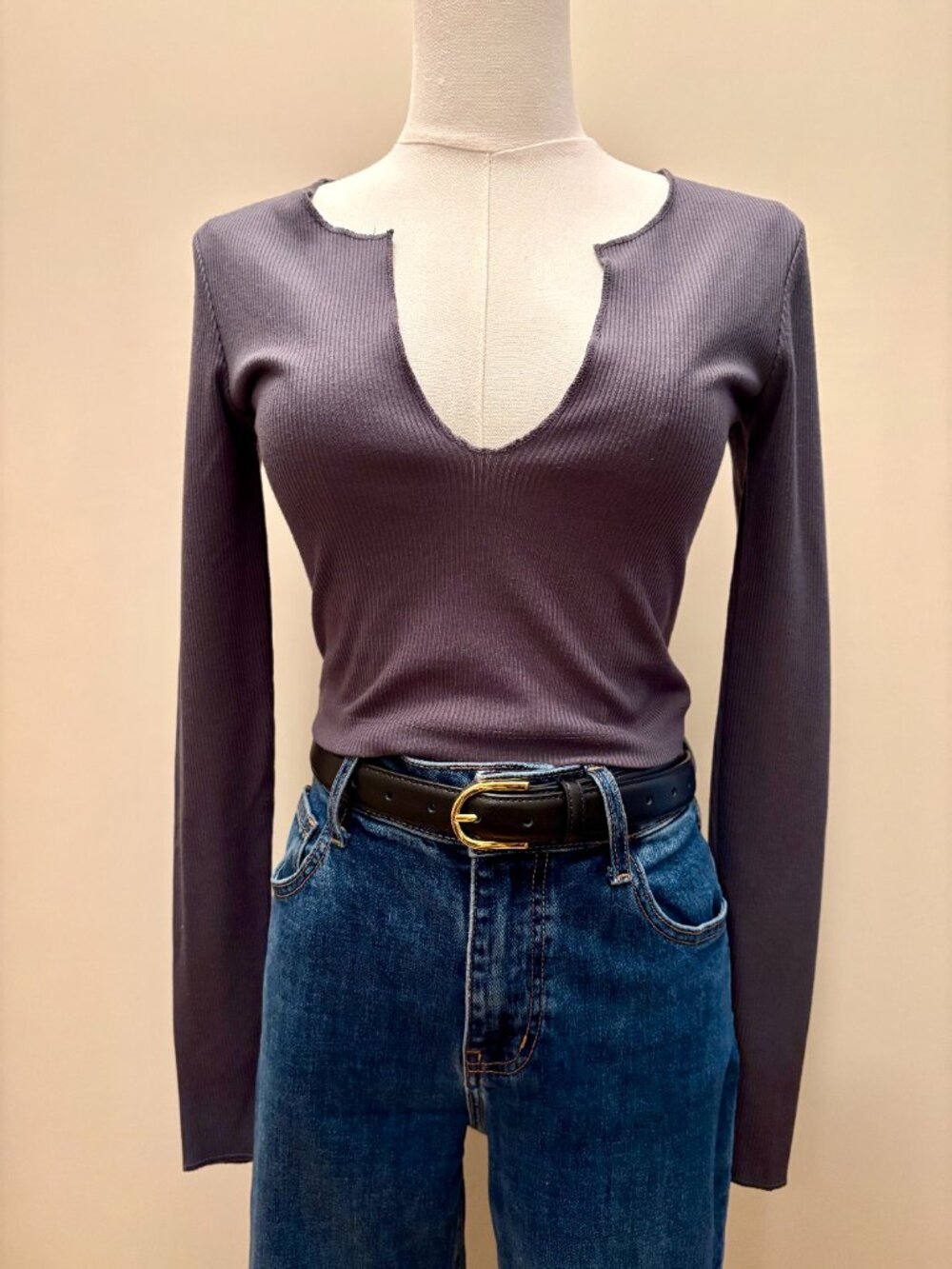 BDG Gray Ribbed V-Neck Long Sleeve Crop Top